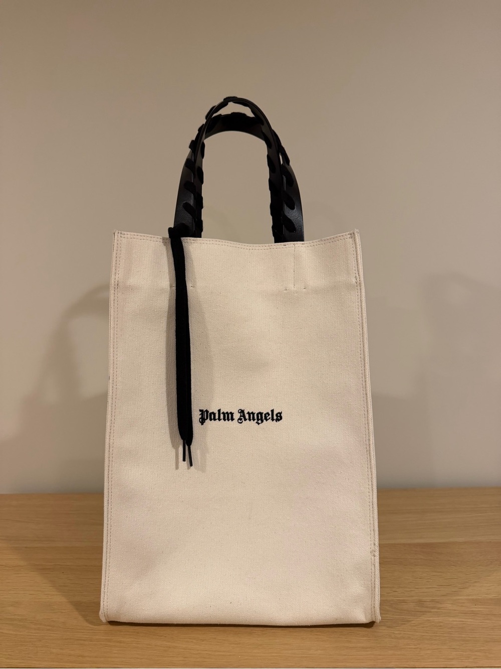 Palm Angels Cream Canvas Messenger Tote with Black Handles
